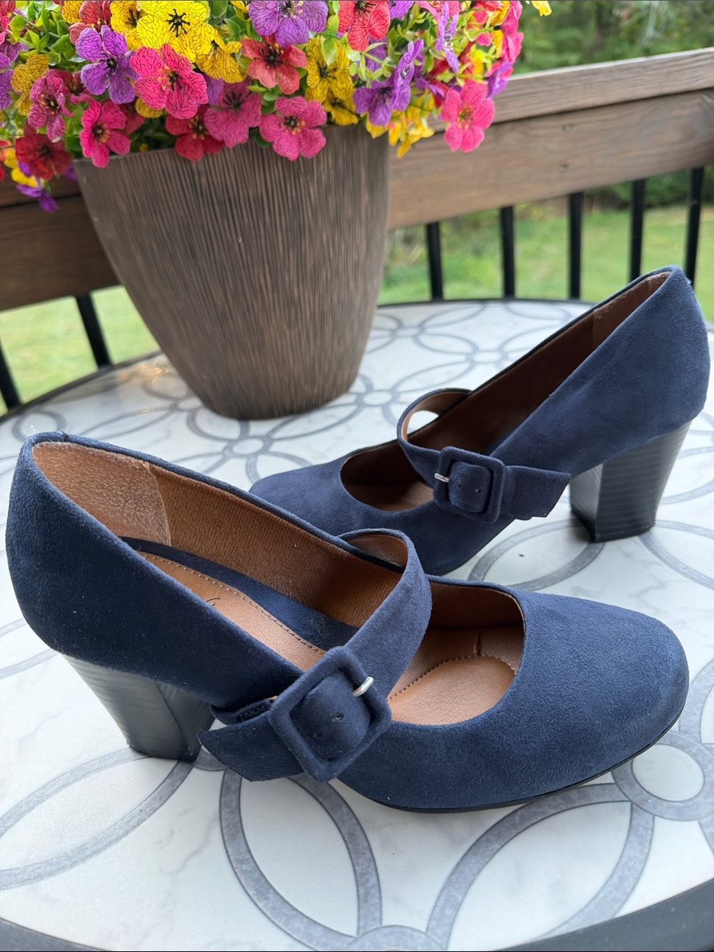 Navy Suede Mary Jane Block Heel Pumps